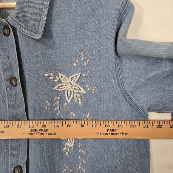 VTG Denim Jean Jacket Shacket Sz M Blue Silver Embroidery Pearls Pockets Boho - Picture 12 of 15